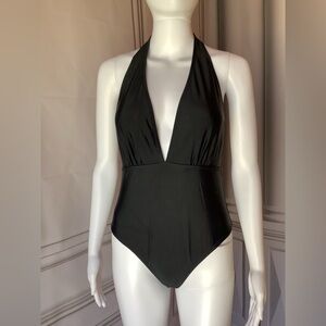 **CUPSHE** Women's One Piece Swimsuit Sexy Deep V Neck Black Tie Medium NWT